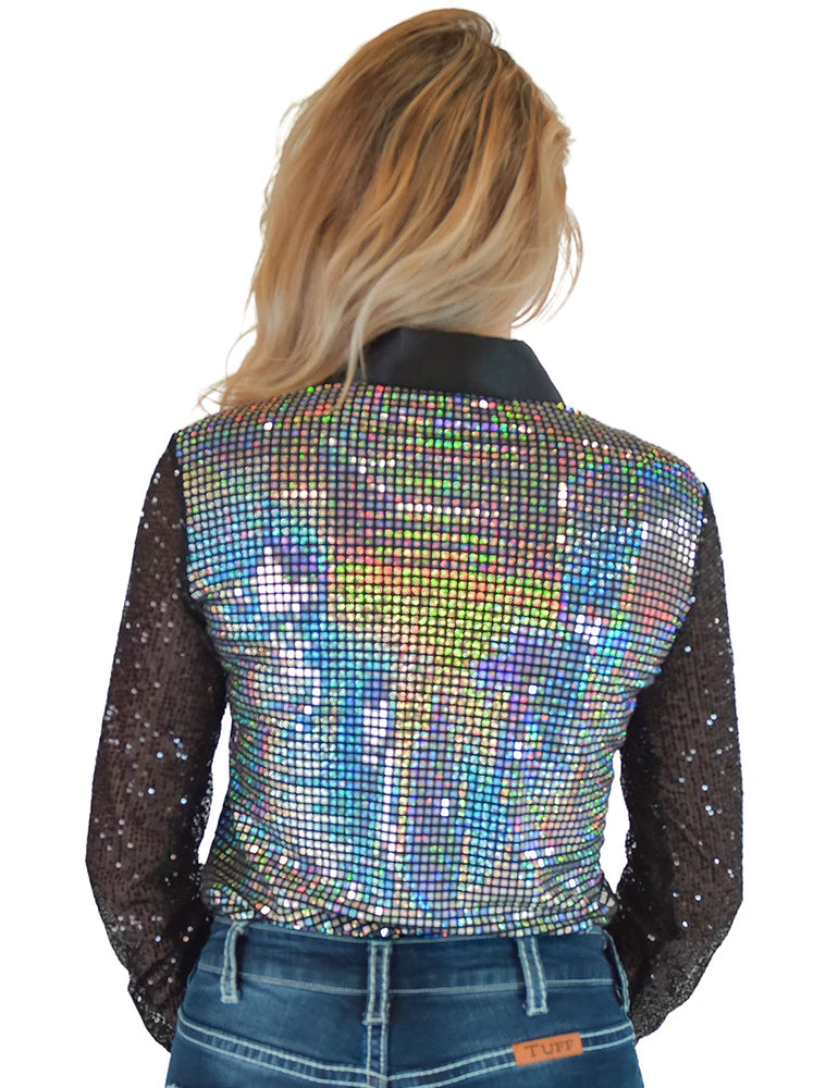 Cowgirl Tuff Company Iridescent Silver Metallic With Black Satin & Black Sequin Sheer Sleeves Pullover Button Up