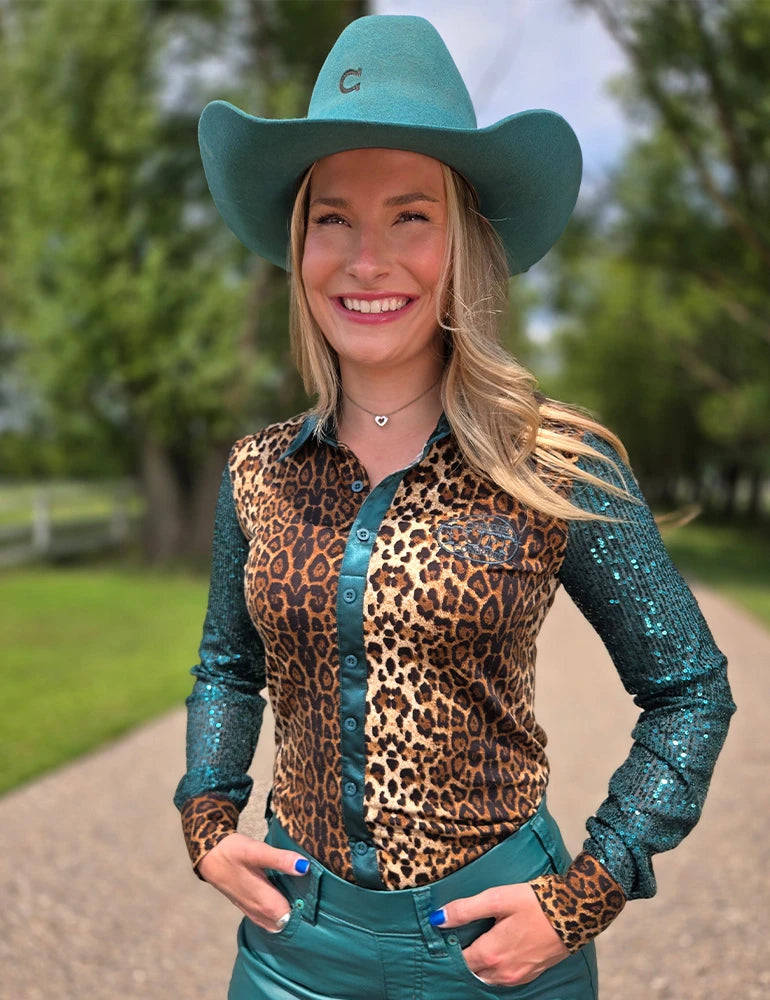 Cowgirl Tuff Company Leopard Jersey & Emerald Satin With Emerald Sequin Sheer Sleeves Pullover Button Up