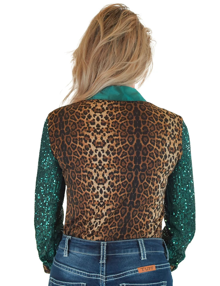 Cowgirl Tuff Company Leopard Jersey & Emerald Satin With Emerald Sequin Sheer Sleeves Pullover Button Up