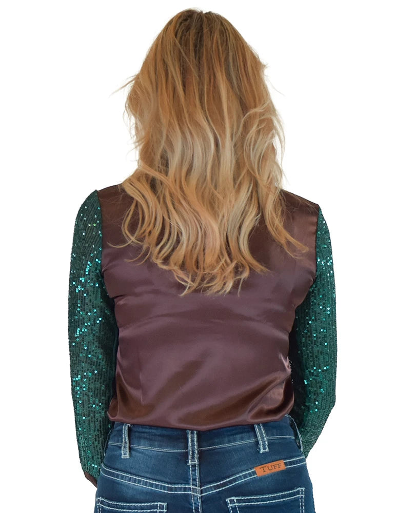 Cowgirl Tuff Company Brown & Emerald Satin With Emerald Sequin Sheer Sleeves Pullover Button Up