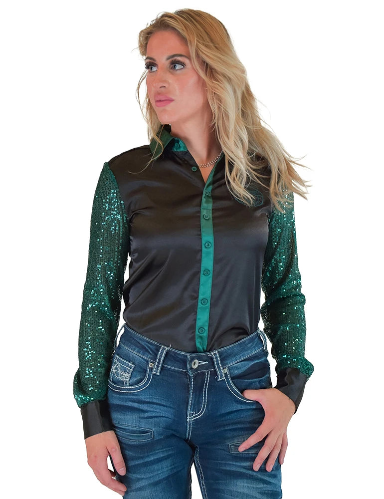 Cowgirl Tuff Company Black & Emerald Satin With Emerald Sequin Sheer Sleeves Pullover Button Up
