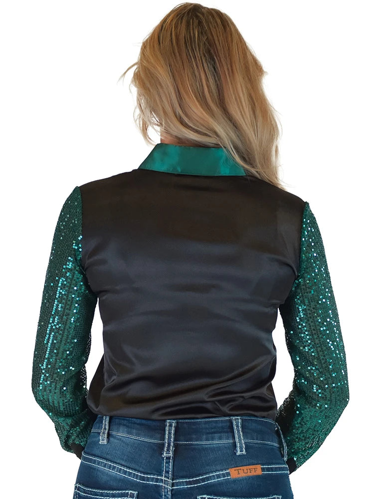 Cowgirl Tuff Company Black & Emerald Satin With Emerald Sequin Sheer Sleeves Pullover Button Up