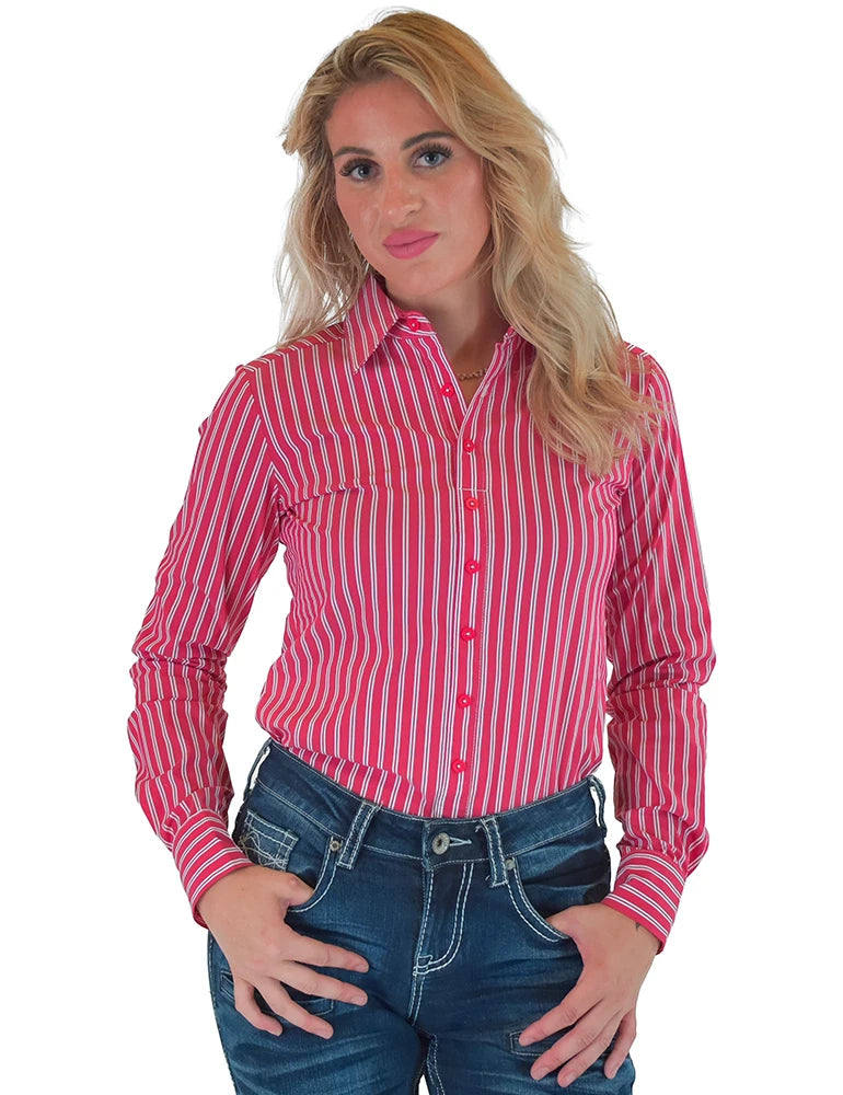 Cowgirl Tuff Company Red Pinstripe Structured Pullover Button Up