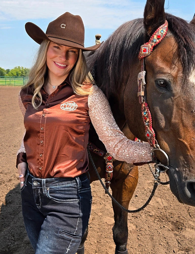 Cowgirl Tuff Company Brown Satin and Champagne Sequin Sheer Sleeves Pullover Button Up