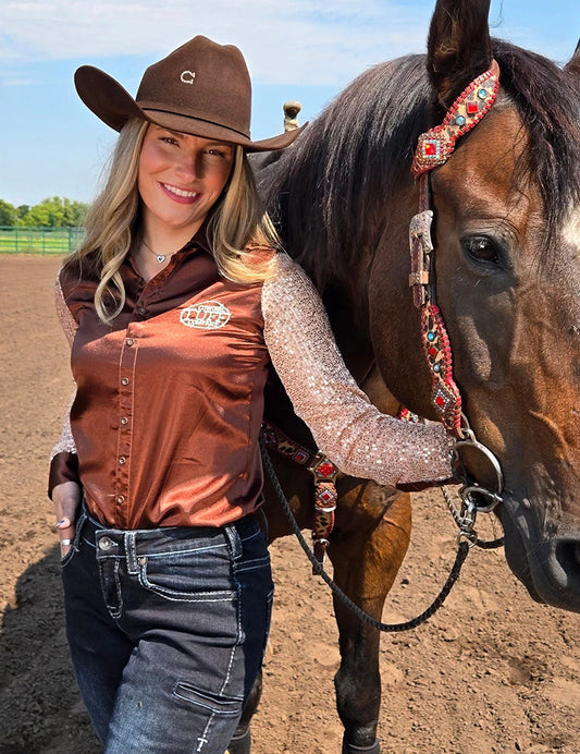 Cowgirl Tuff Company Brown Satin and Champagne Sequin Sheer Sleeves Pullover Button Up