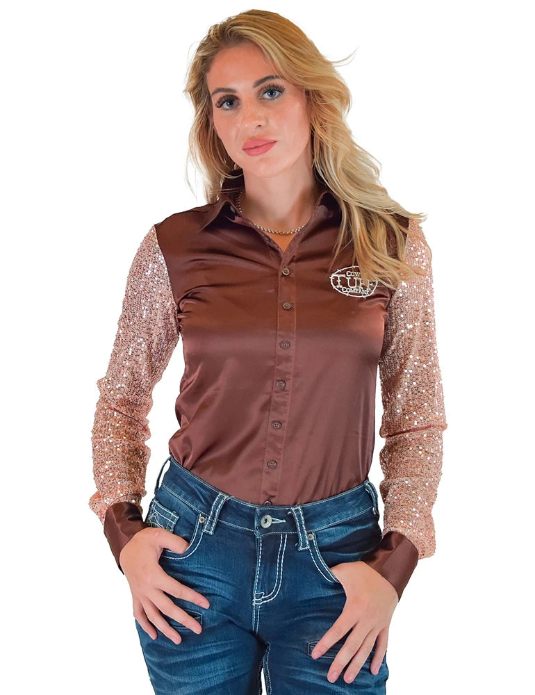 Cowgirl Tuff Company Brown Satin and Champagne Sequin Sheer Sleeves Pullover Button Up