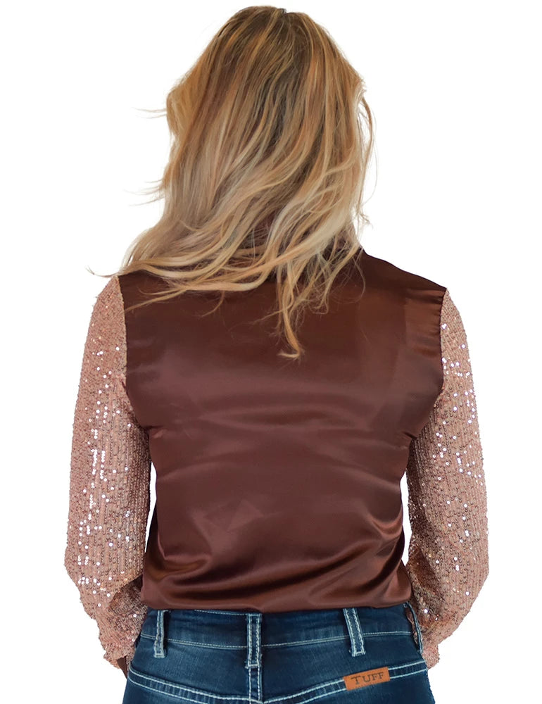Cowgirl Tuff Company Brown Satin and Champagne Sequin Sheer Sleeves Pullover Button Up