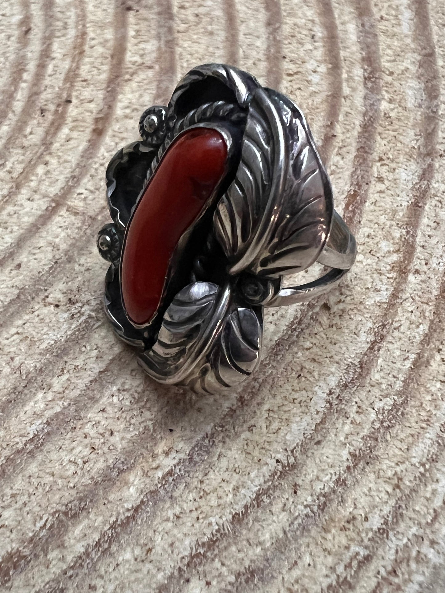 Hallmark LJ Sterling Silver Coral & Leaf Ring — Size 6 (Vintage Native American)