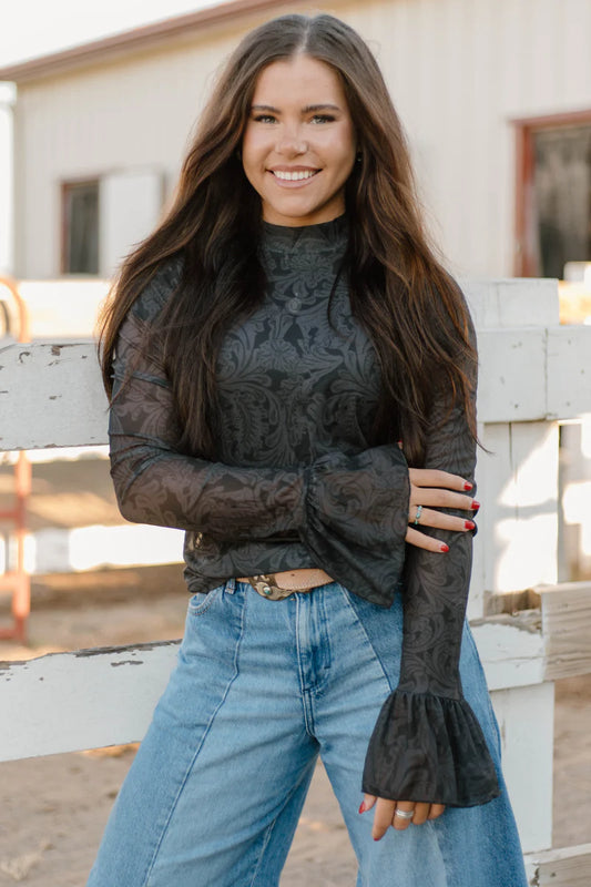 Tooled in Black mesh with bell sleeve