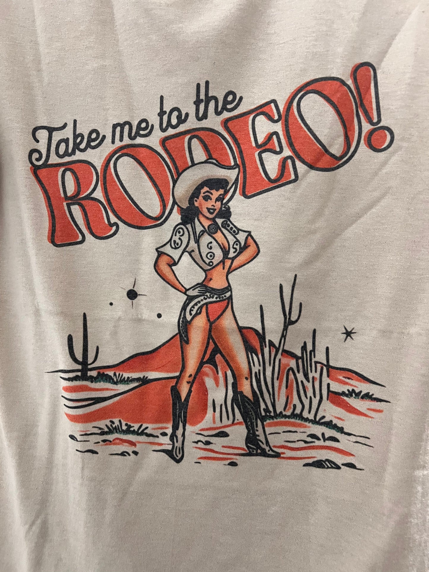 Retro "Take Me To The Rodeo" Pin-Up Cowgirl Graphic Tee - Tan