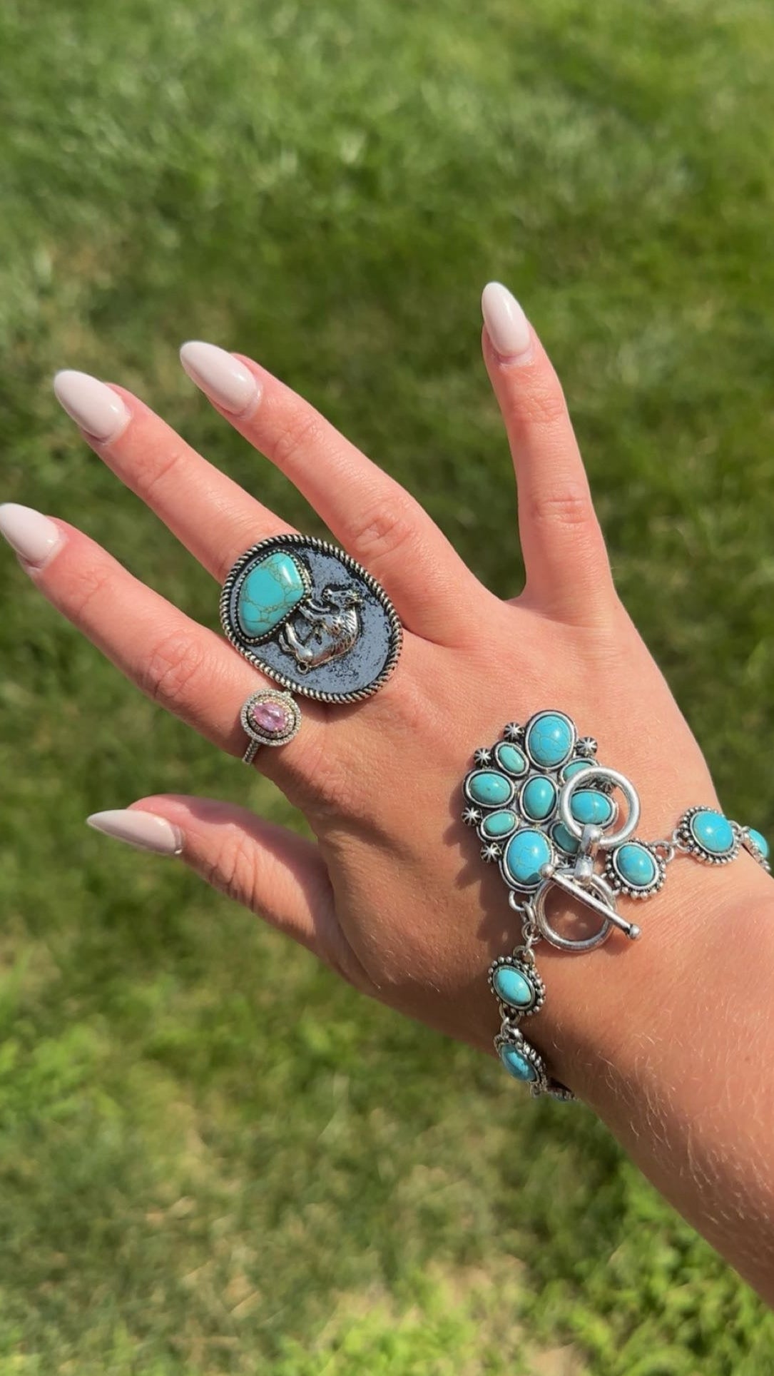 Western Faux Buffalo Coin & Faux Turquoise Nugget Adjustable Ring — Wild West Hand Statement