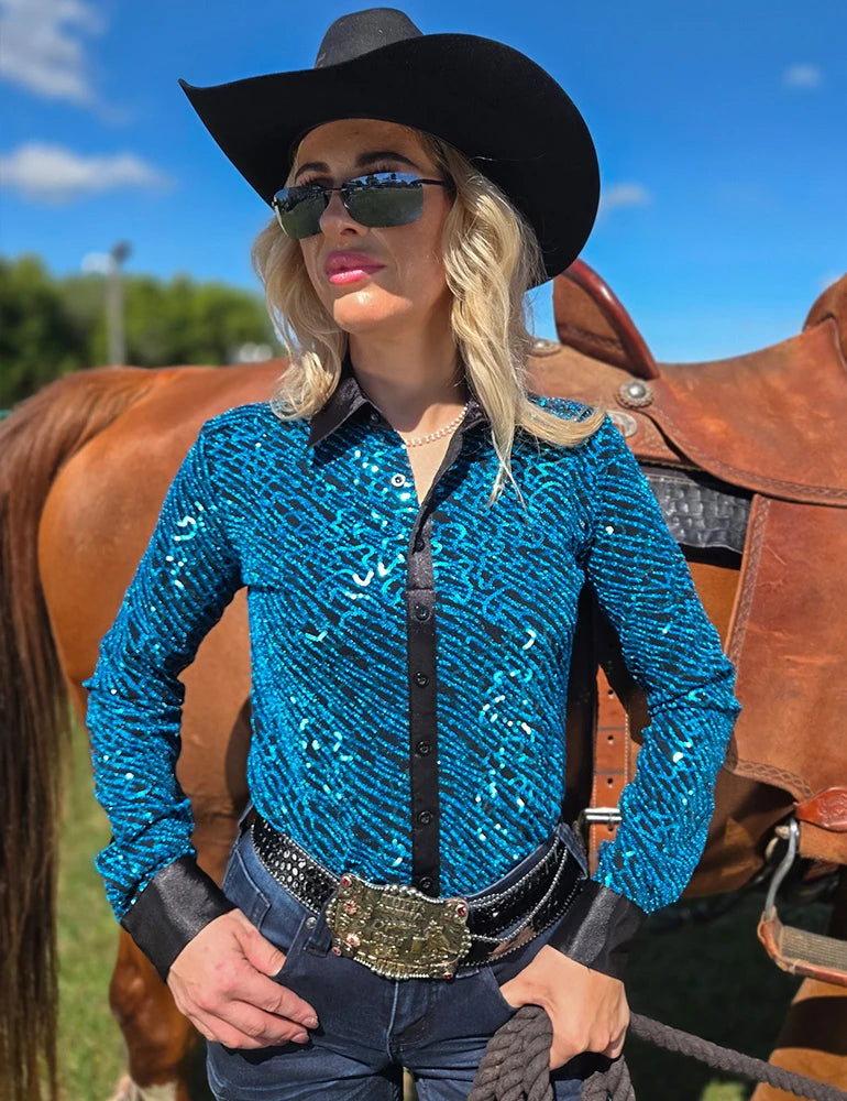 Cowgirl Tuff Company Aqua Sequin Swirls On Black Jersey Pullover Button Up With Black Satin Collar