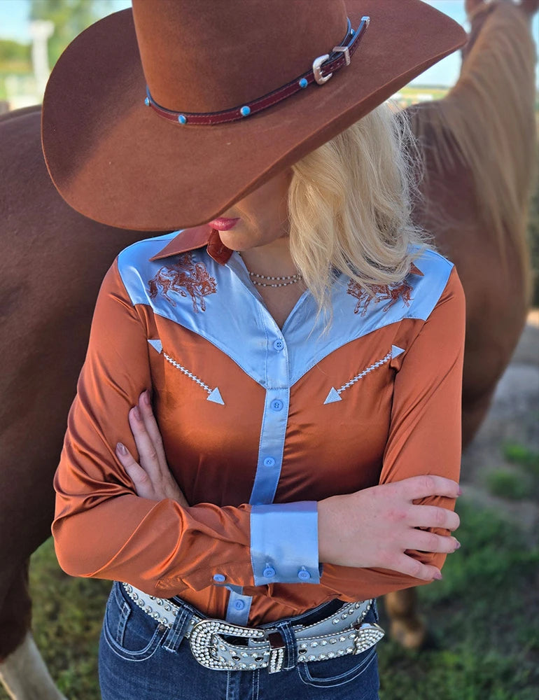 Cowgirl Tuff Company Rust & Blue Satin Retro Buckin Horse Pullover Button Up