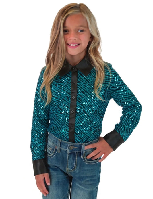 Cowgirl Tuff Company GIRLS Aqua Sequin Swirls On Black Jersey Pullover Button Up With Black Satin Collar