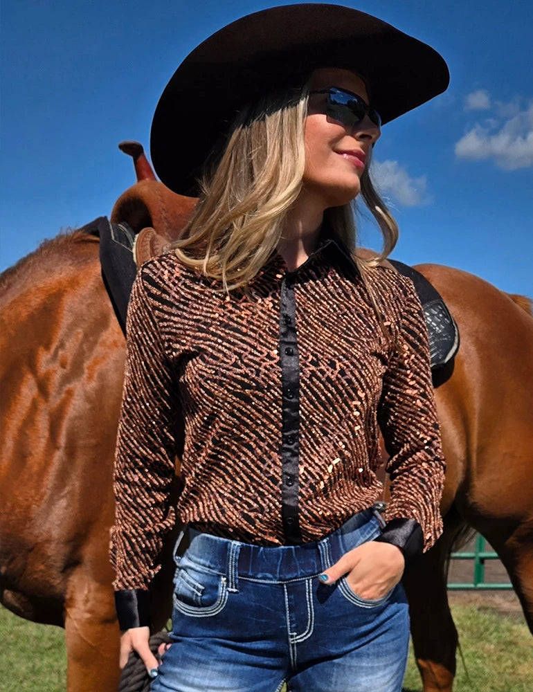 Cowgirl Tuff Company Copper Sequin Swirls On Black Jersey Pullover Button Up With Black Satin Collar