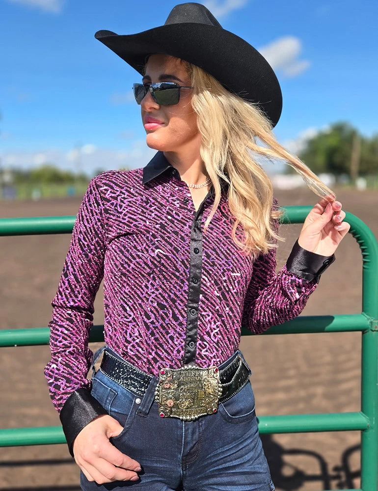 Cowgirl Tuff Company Pink Sequin Swirls On Black Jersey Pullover Button Up With Black Satin Collar