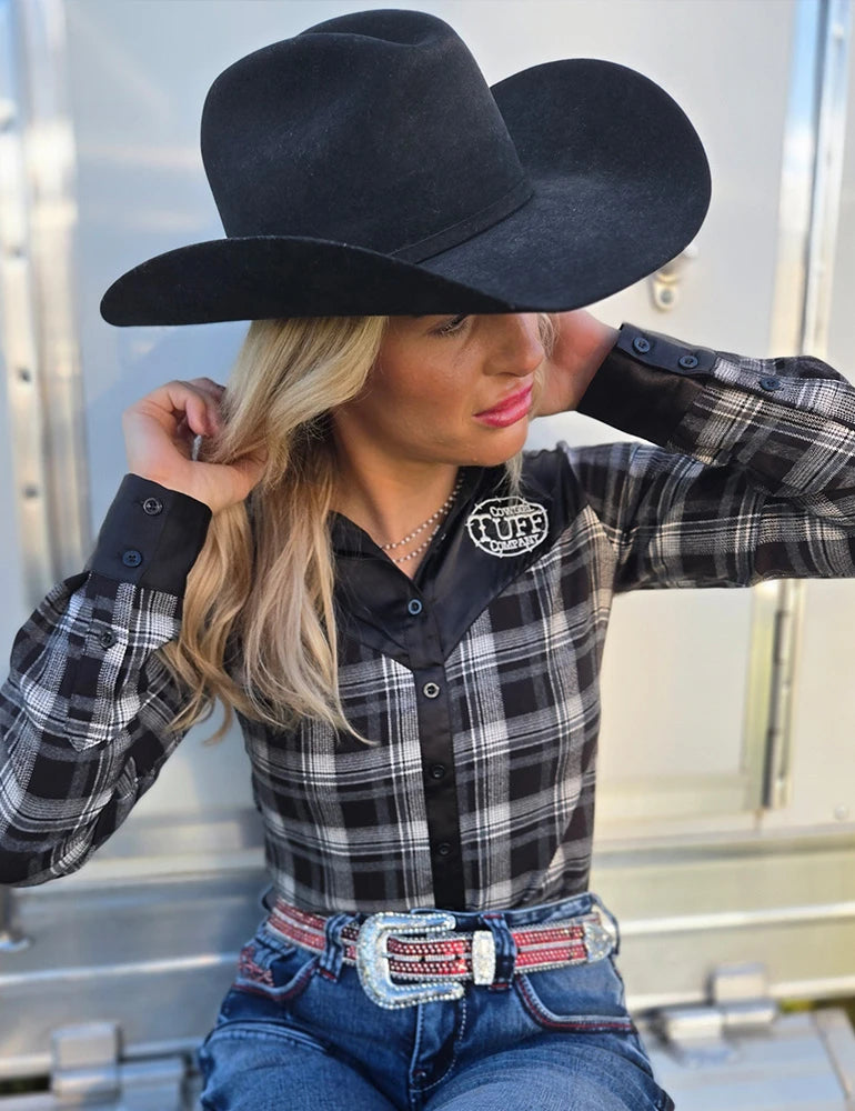 Cowgirl Tuff Company Black & White Plaid With Black Satin Pullover Button Up With Embroidered Logo