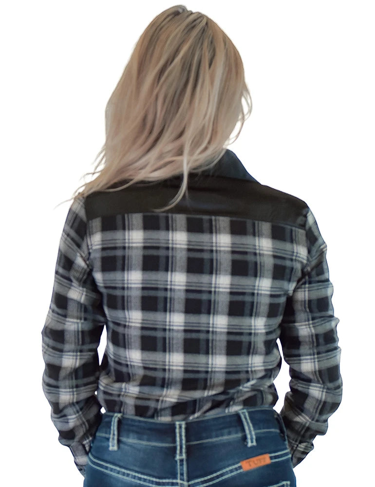 Cowgirl Tuff Company Black & White Plaid With Black Satin Pullover Button Up With Embroidered Logo