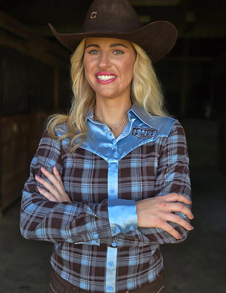 Cowgirl Tuff Company Brown & Blue Plaid With Blue Satin Pullover Button Up With Embroidered Logo