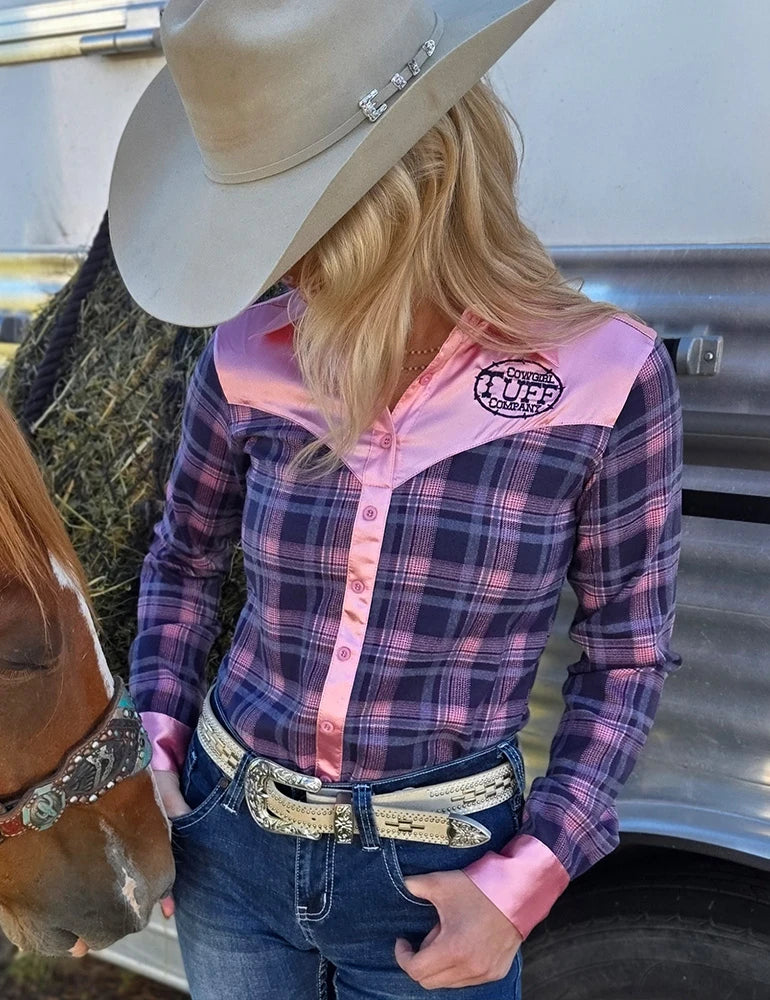 Cowgirl Tuff Company Navy & Pink Plaid With Pink Satin Pullover Button Up With Embroidered Logo