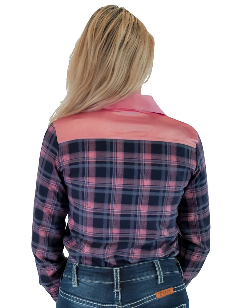 Cowgirl Tuff Company Navy & Pink Plaid With Pink Satin Pullover Button Up With Embroidered Logo