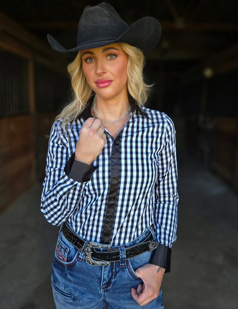 Cowgirl Tuff Company Black & White Structured Plaid Pullover Button Up