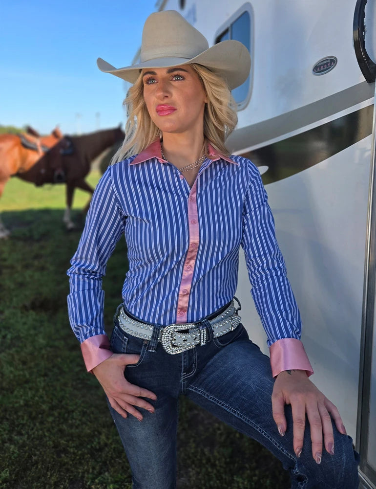 Cowgirl Tuff Company Blue & White Structured Pin Stripes Pullover Button Up