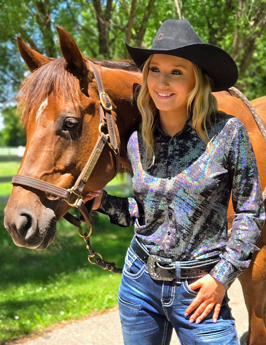 Pullover Button Up (Iridescent Chrome Swishes Over Black Lightweight Jersey)Cowgirl Tuff