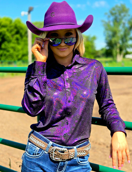 Pullover Button Up  (Dark Purple Iridescent Swishes Over Black) Cowgirl Tuff