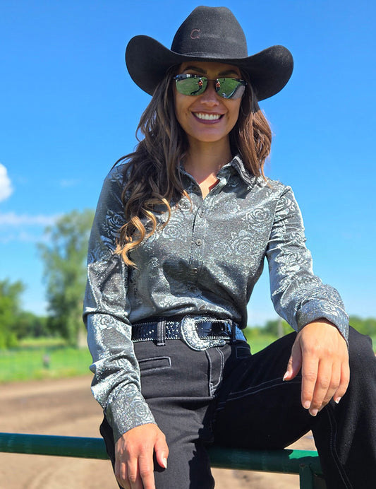 Pullover Button Up  (Chrome Silver Gray Roses Lightweight And High Stretch) Cowgirl Tuff