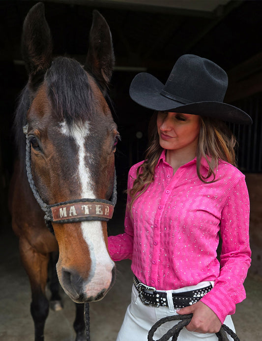 Pullover Button Up  (Pink With Silver Crystals Lightweight Stretch) Cowgirl Tuff