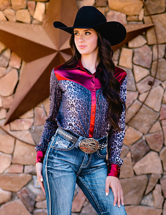 Pullover Button Up  (Gray Leopard With Red Accent Lightweight Stretch Jersey) Cowgirl Tuff