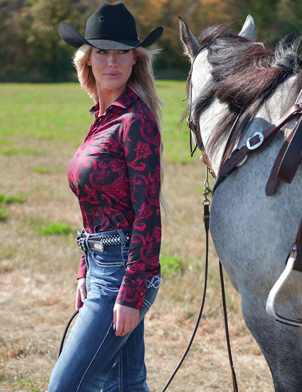 Pullover Button Up  (Black With Red Paisley Lightweight Stretch Jersey) Cowgirl Tuff