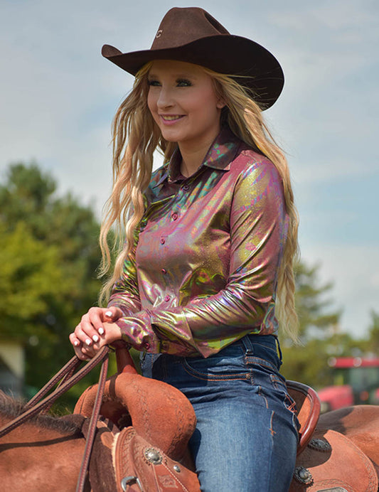 Pullover Button Up  (Burgundy Metallic Foil Lightweight Stretch Jersey) Cowgirl Tuff