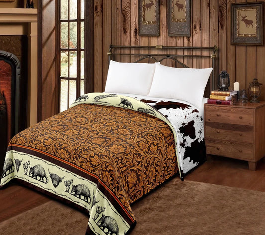 TAN FLORAL/ COWPRINT REVERSIBLE- MIA BLANKET Queen
