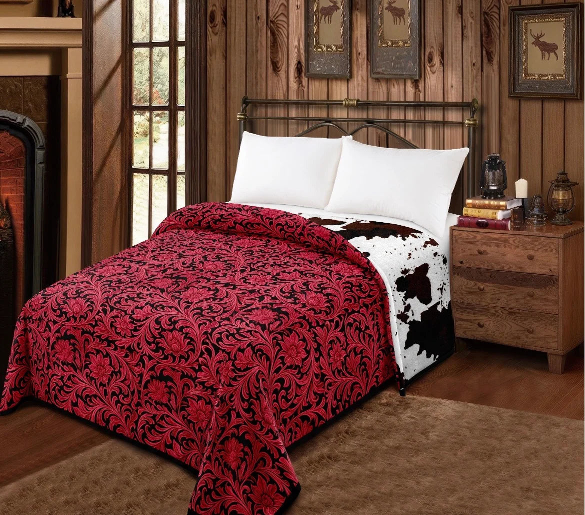 RED FLORAL/COWPRINT REVERSIBLE- MIA BLANKET king