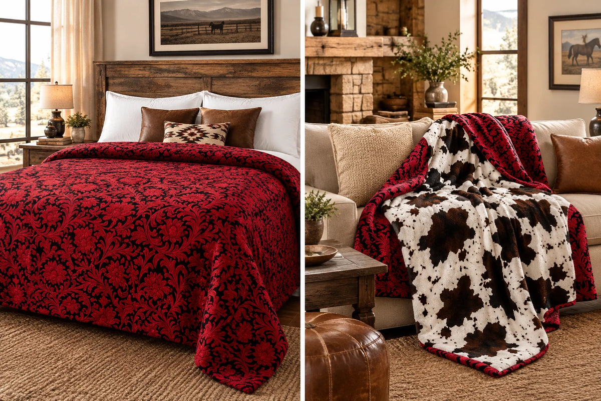 RED FLORAL/COWPRINT REVERSIBLE- MIA BLANKET king