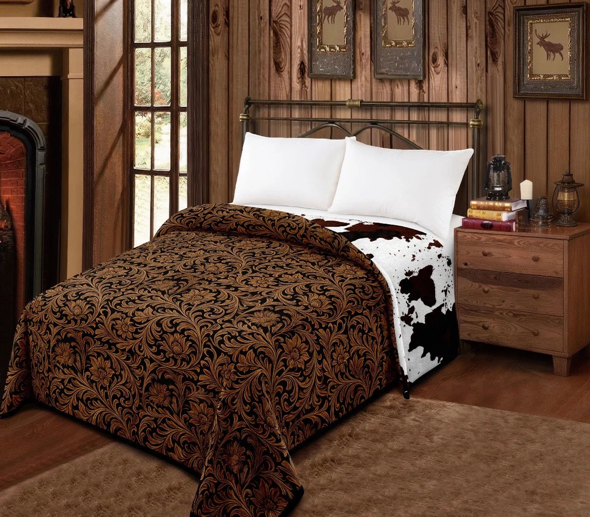 Brown FLORAL/COWPRINT REVERSIBLE- MIA BLANKET king