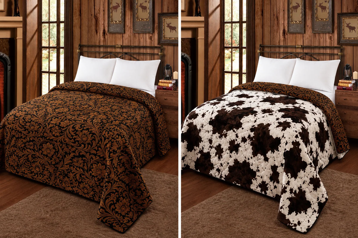 Brown FLORAL/COWPRINT REVERSIBLE- MIA BLANKET king