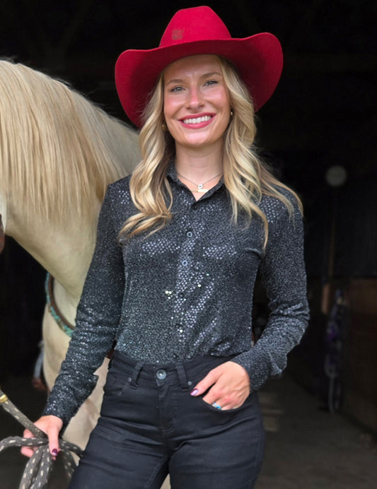 Black Tiny Sequins Stretch Jersey Lighweight Pullover Button Up