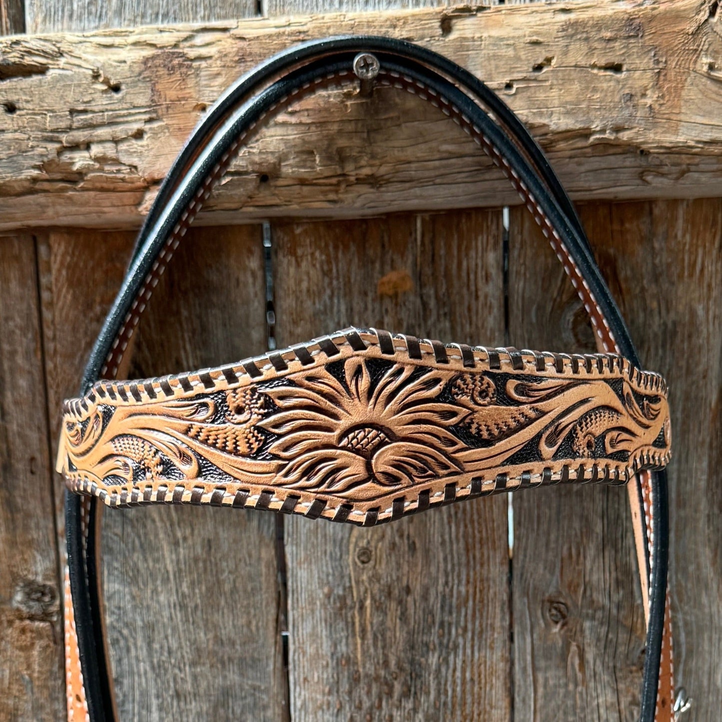 Light Oil Floral Whipstitch Browband Headstall / Bridle #24386