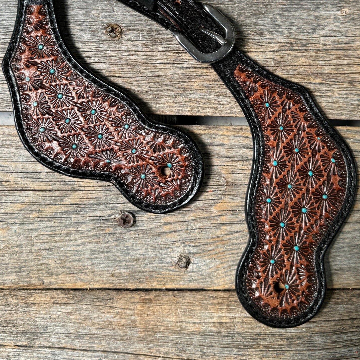 Teal Dot Diamond Tooled Spur Straps