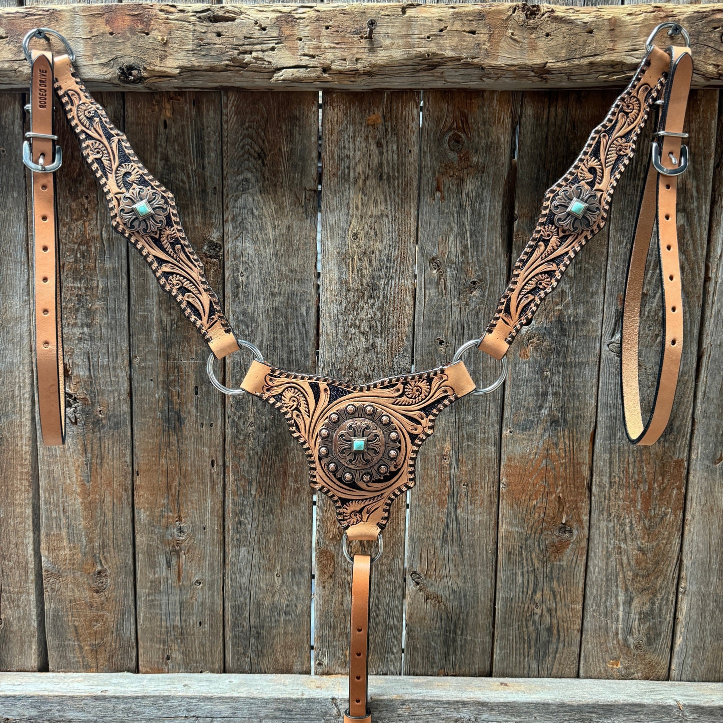 Light Oil Floral Whipstitch and Turquoise Browband/ One Ear Triangle / Gladiator Breastcollar Tack Set #BBBC641