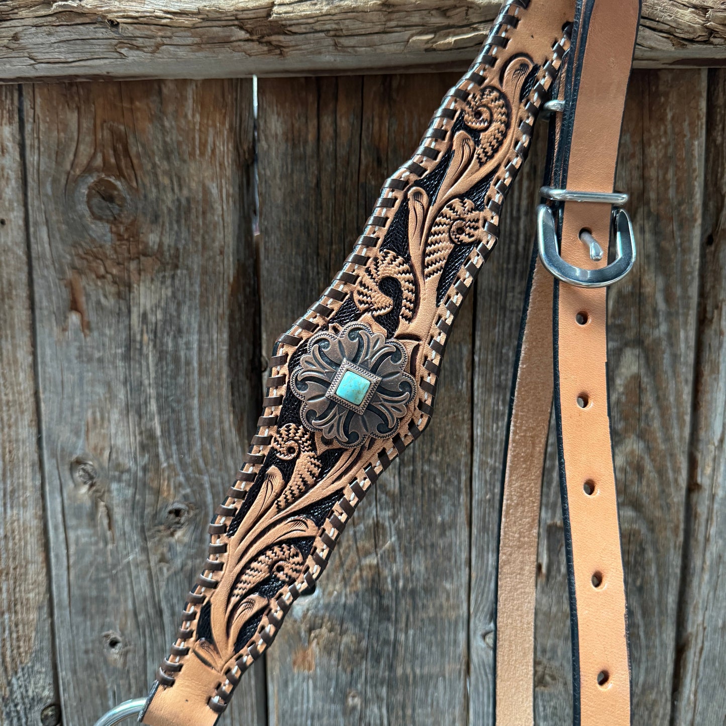 Light Oil Floral Whipstitch and Turquoise Browband/ One Ear Triangle / Gladiator Breastcollar Tack Set #BBBC641