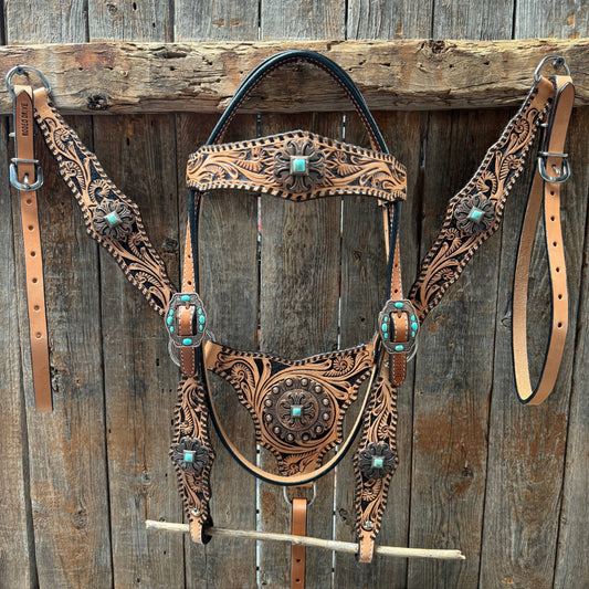 Light Oil Floral Whipstitch and Turquoise Browband/ One Ear Triangle / Gladiator Breastcollar Tack Set #BBBC641