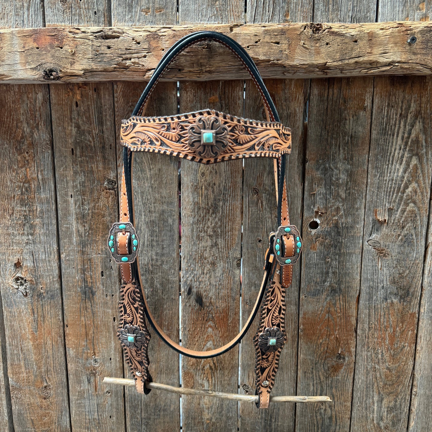 Light Oil Floral Whipstitch and Turquoise Browband/ One Ear Triangle / Gladiator Breastcollar Tack Set #BBBC641