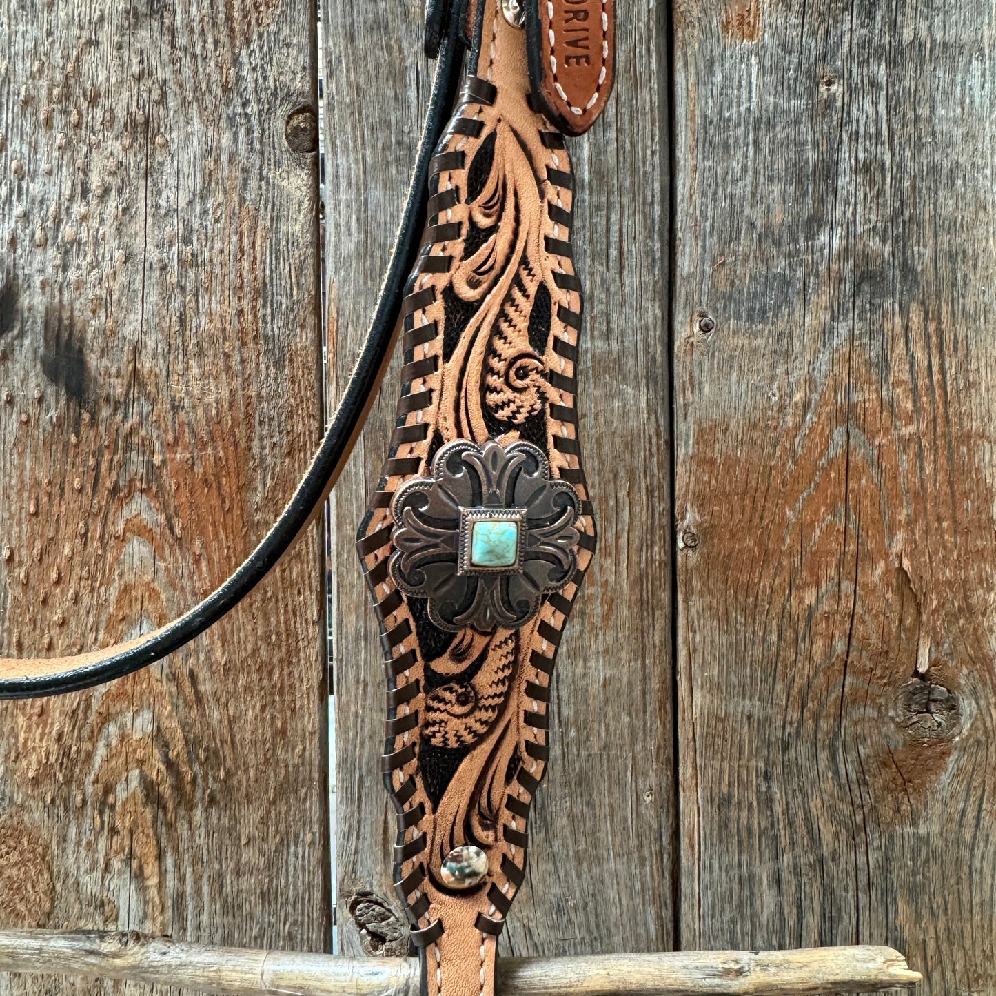 Light Oil Floral Whipstitch and Turquoise Browband/ One Ear Triangle / Gladiator Breastcollar Tack Set #BBBC641