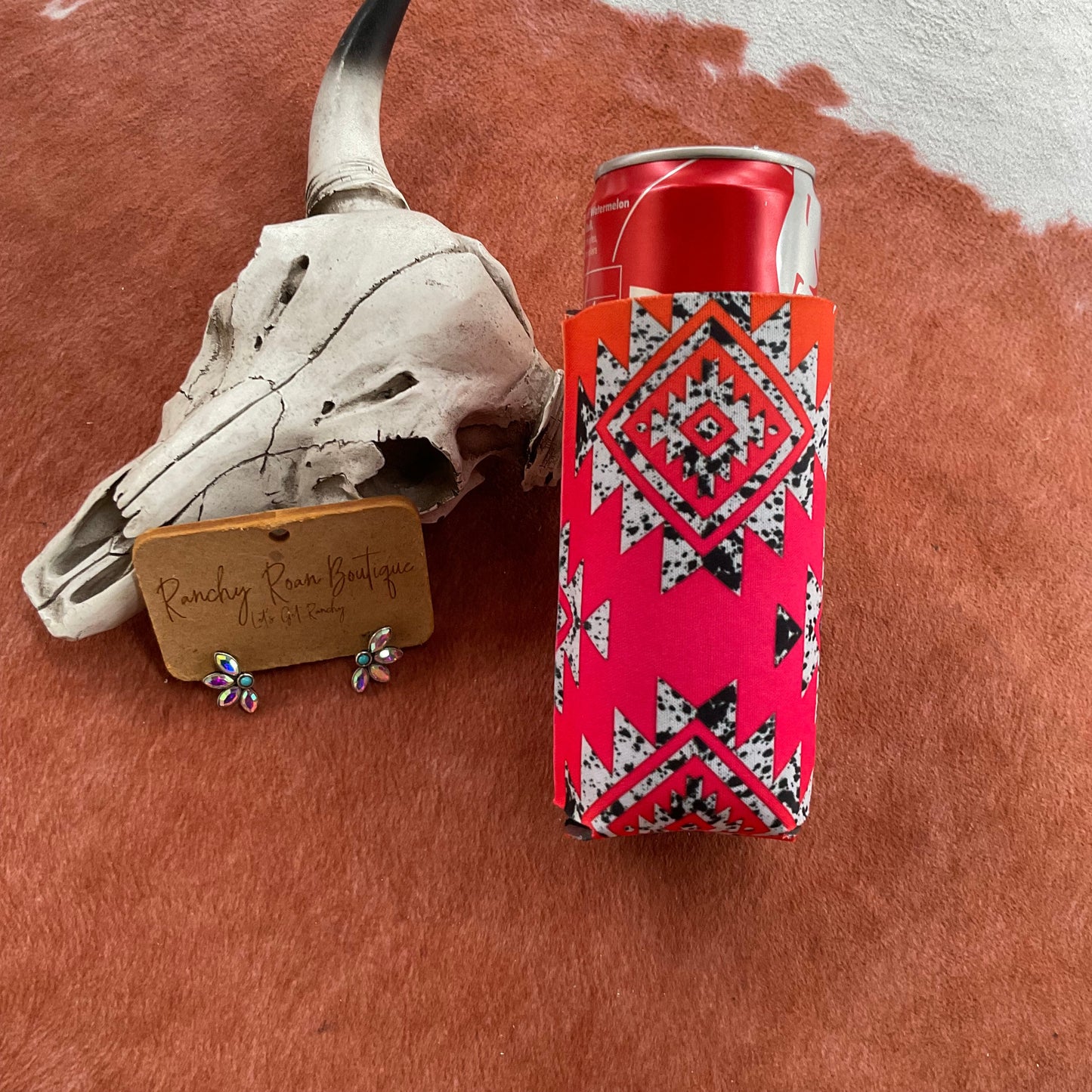 Neon Aztec Cowhide Koozie – Western Drink Sleeve