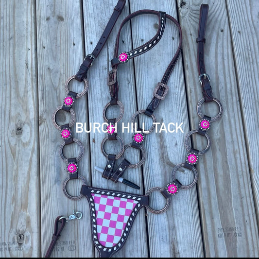 Made to Order Western Tack Set - Hot Pink & White, Ring Style (BHT029)