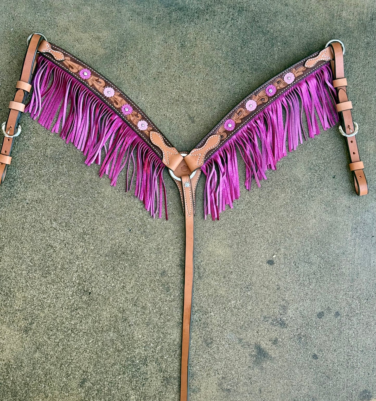 3F23-Malibu Barbie 1-3/4" Contour breast collar golden leather floral tooled with paint to the edge, ss spots, crystals and fringe.
